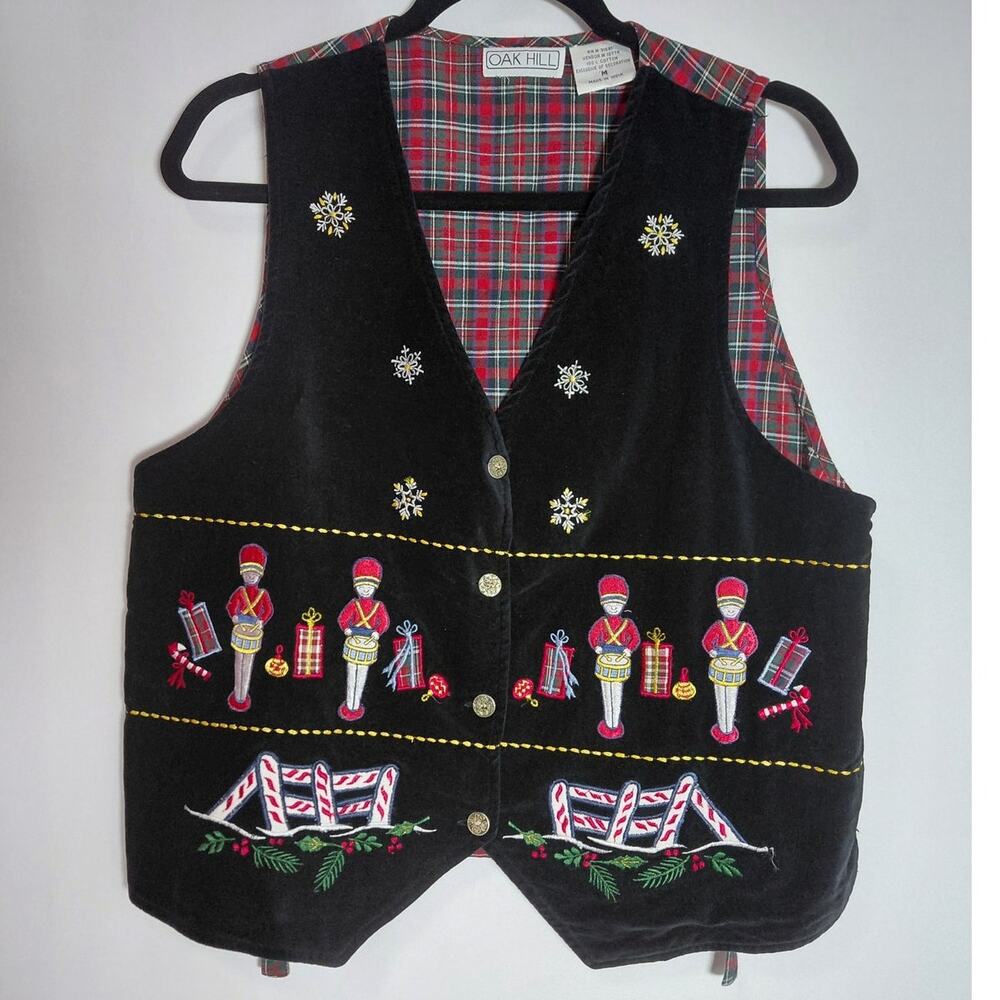 OAK HILL Cotton Embroidered Vest Black Plaid Sleeveless Women Size M